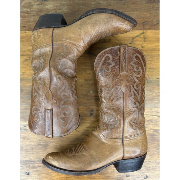Vtg Lucchese 1883 Tan Burnished Ranch Hand Cowhide Cowboy Boots Mens 10 E Wide main image 10